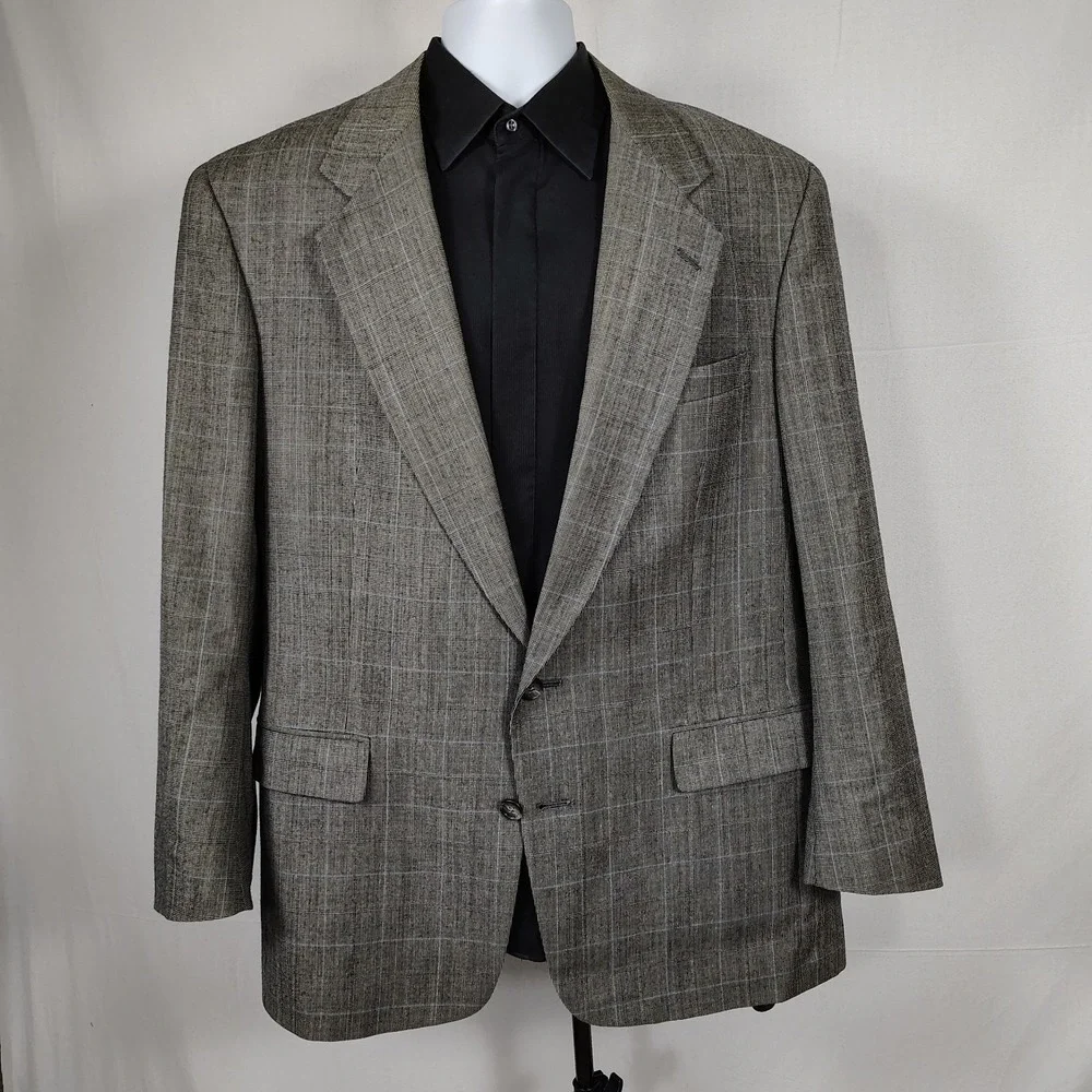 Austin Reed Gray Windowpane Plaid Sport Coat Blazer‎ 44R Worsted Wool Neutral